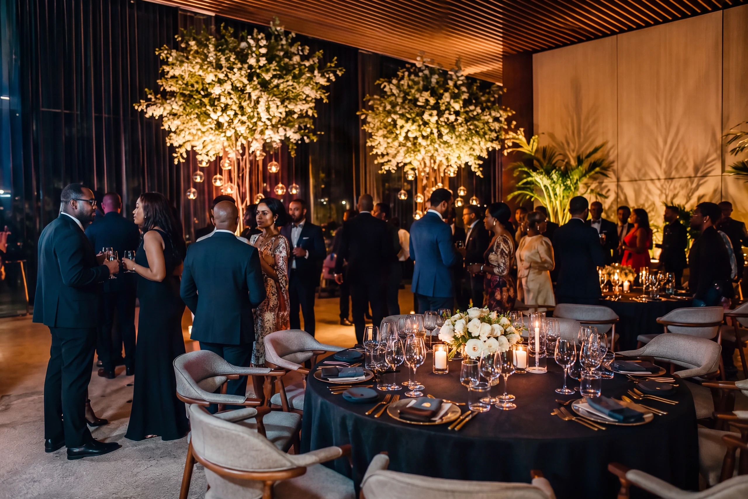 A brand dinner room with tall florals