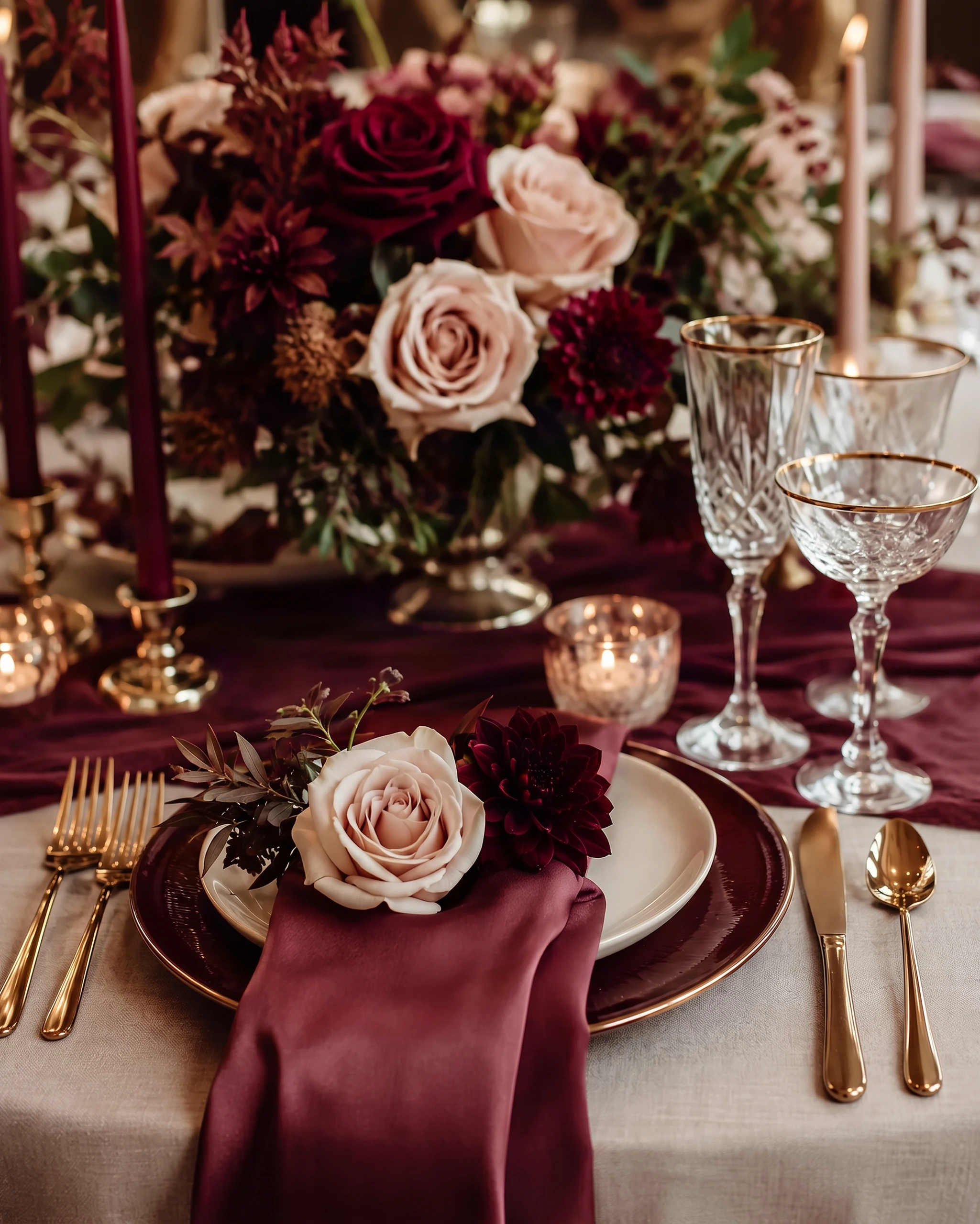 Place setting with a burgundy napkin and blush roses