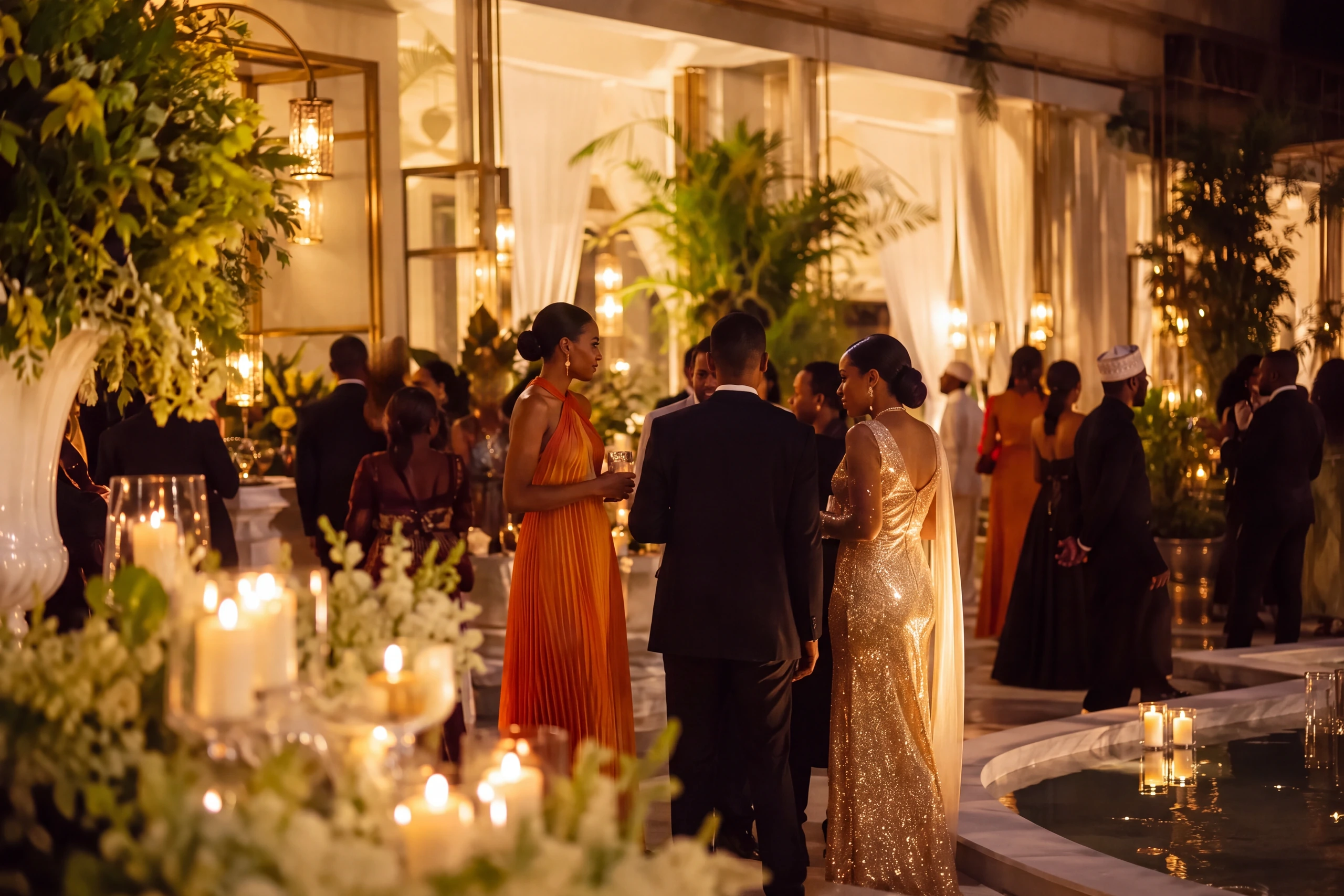 Guests mingling among candles and greenery
