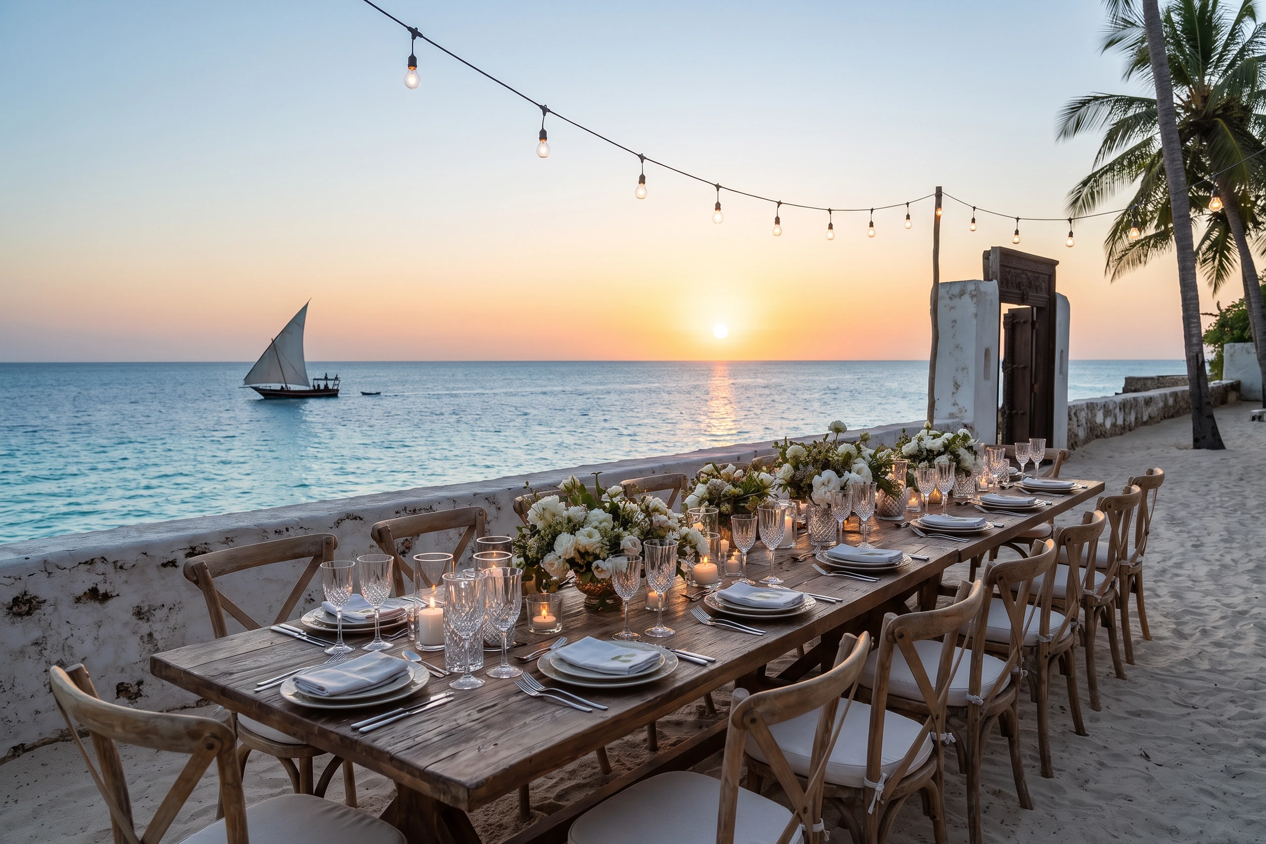 A dinner table by the sea at sunset