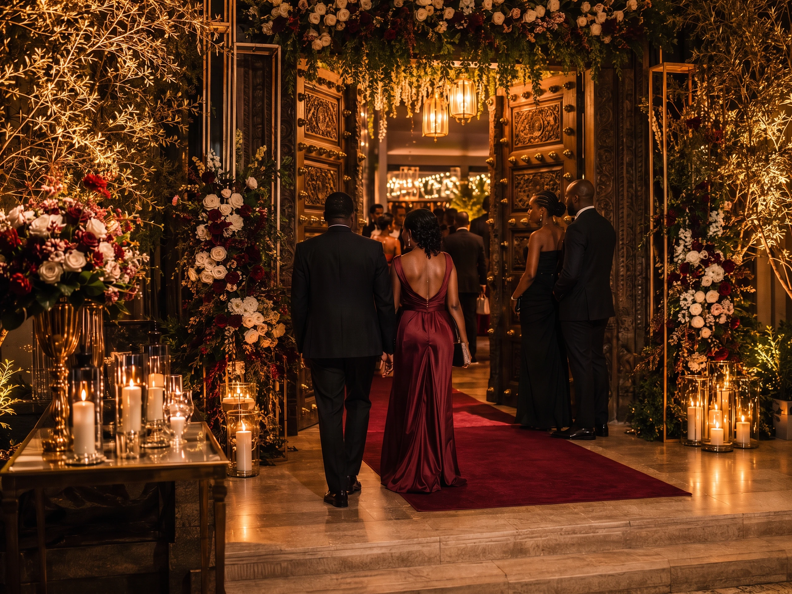 Guests arriving through a floral entrance
