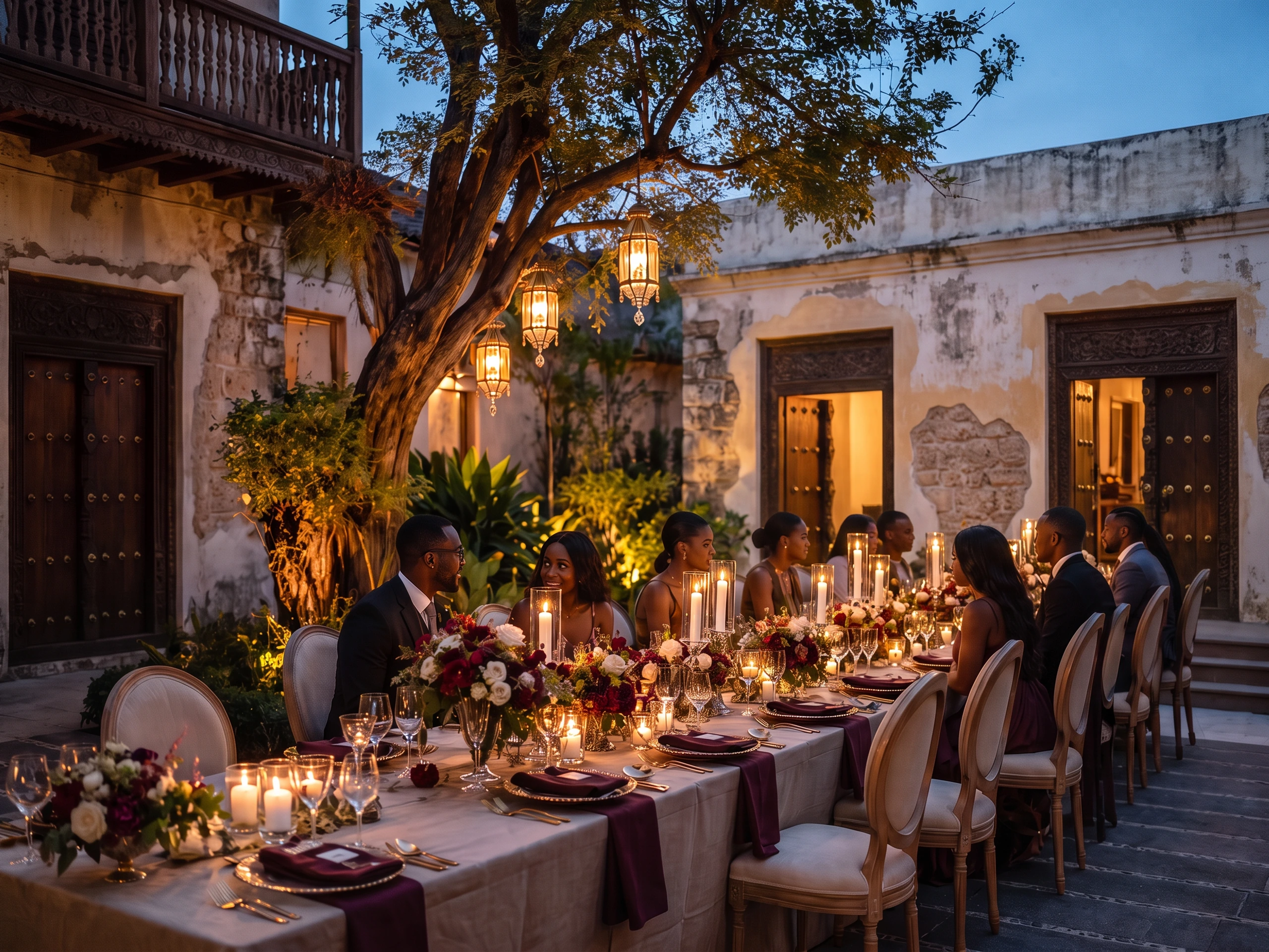 A long candlelit table of guests