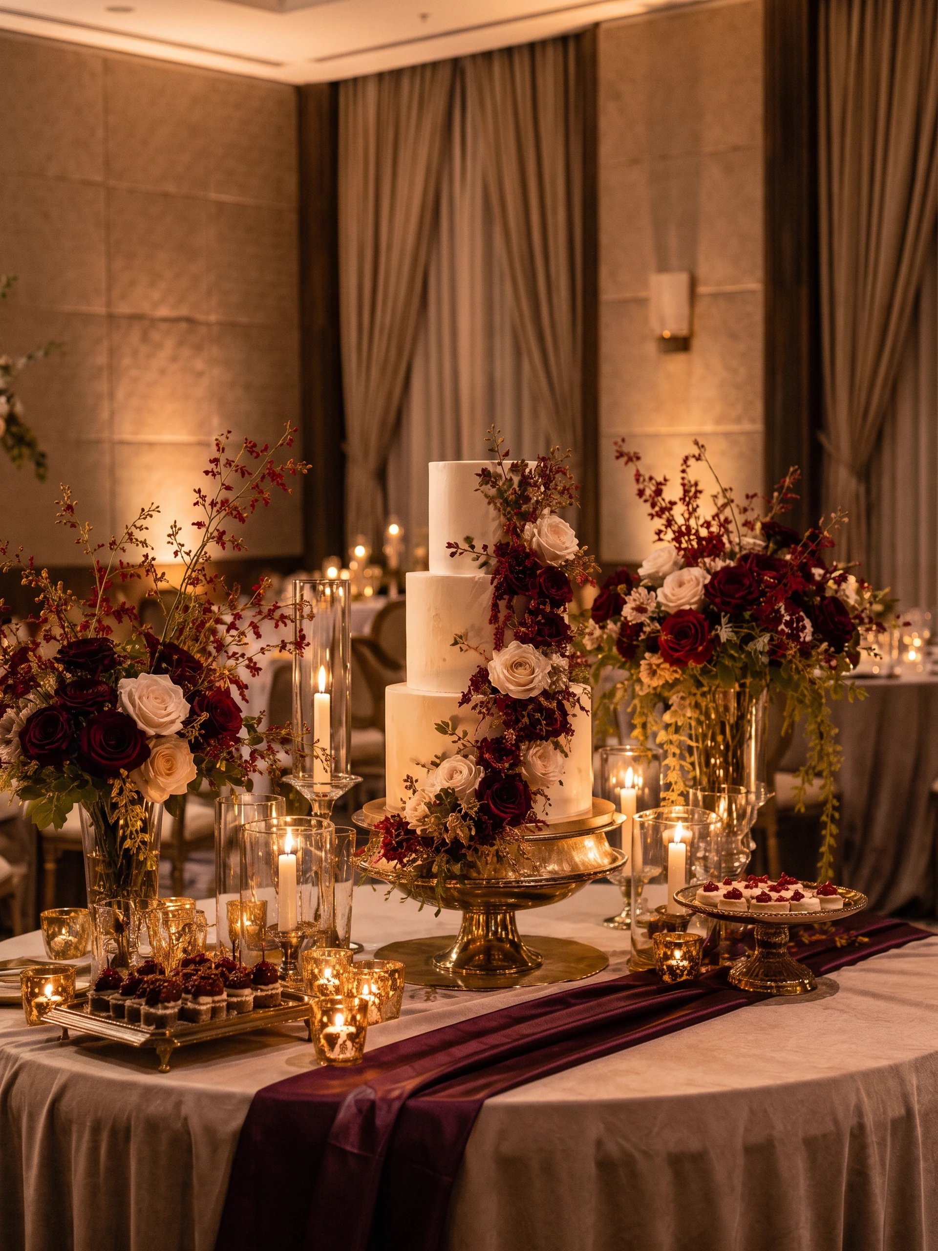 A tiered cake beside tall florals and candles