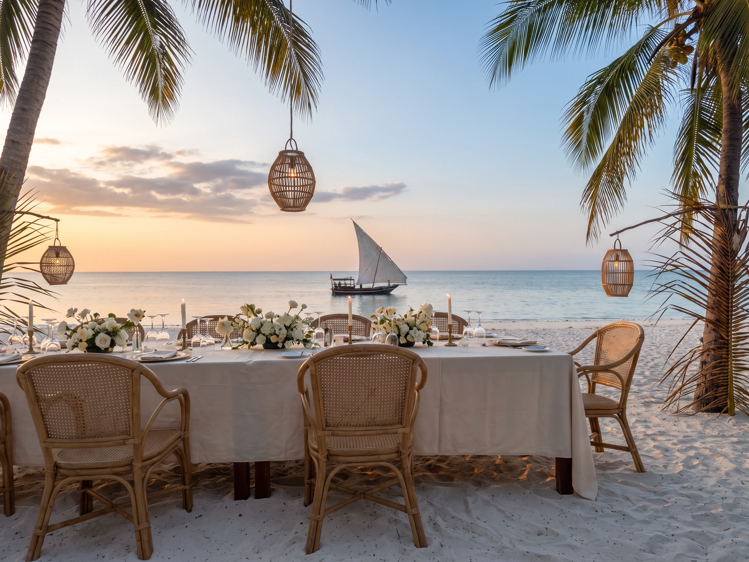 Sunset dinner under palms and lanterns